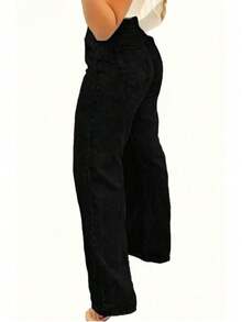 大码女式直筒宽松休闲牛仔裤，带口袋 - 黑色 - 查看 3