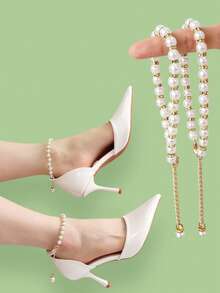 Elegant Pearl Chain Anti-Slip Shoelaces, Exquisite French Single Strap High Heel Shoes Buckle, Non-Slip Heel Chain (Shoes Not Included) - White - View 13