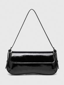 新款跨境西班牙风女士翻盖单肩包，通勤时尚百搭简约腋下手提包，人造革（不含礼品袋） - 黑色 - 查看 3