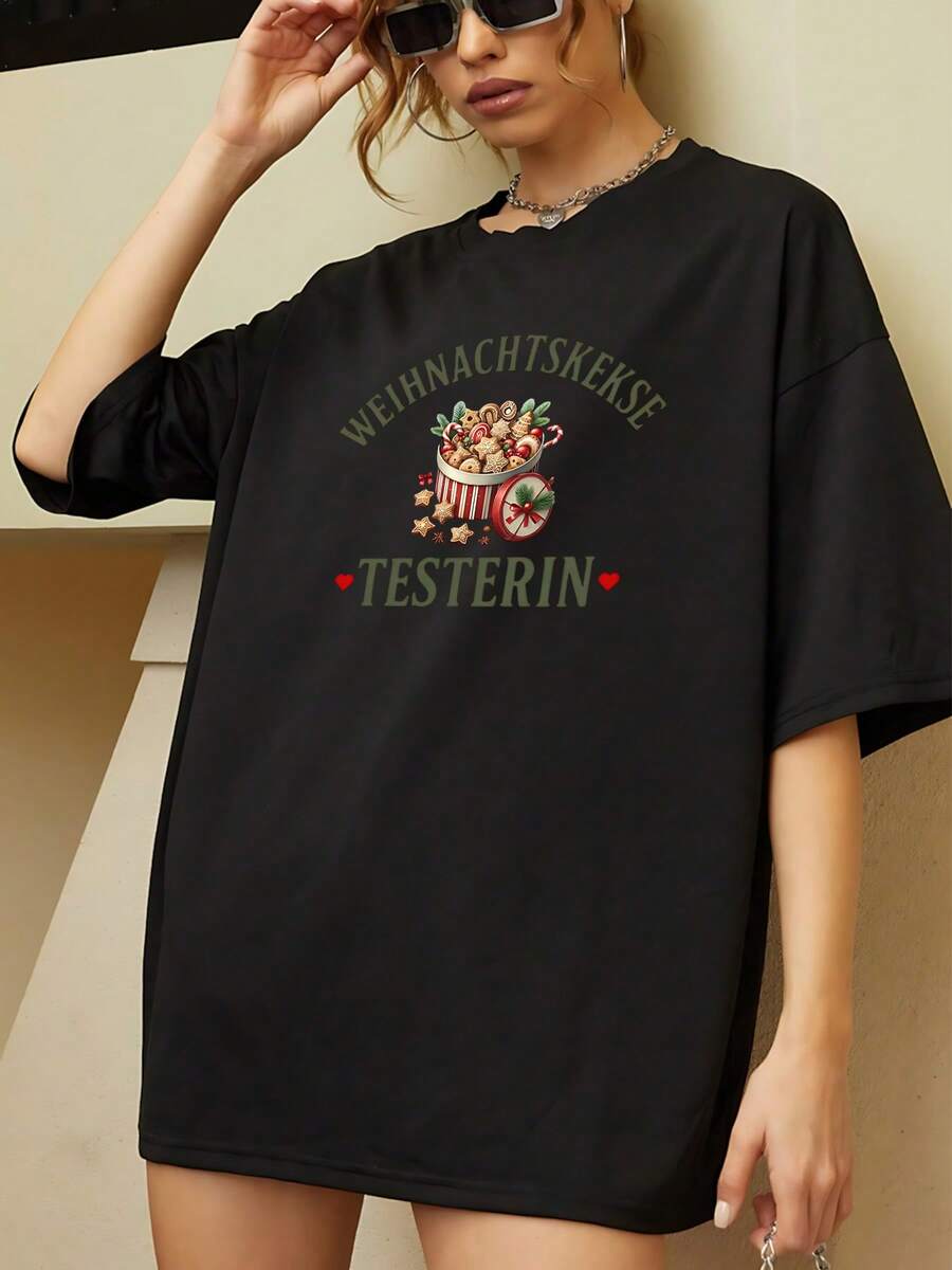 Camiseta gráfica festiva de probador de galletas navideñas para mujer, deliciosa camiseta para amantes de los dulces navideños y la repostería para damas, prenda de invierno acogedora con estampado único. - Negro - Ver 1