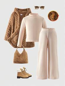 3pcs Girls Casual Fluffy Hooded Long Sleeve Jacket, Solid Color Long Sleeve Top And Pants Set, Autumn/Winter - Coffee Brown - View 1