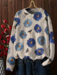 3D Floral Print Knit Sweater - All-Over 3D Daisy Pattern, Lightweight Sweater, Suitable For All Seasons, Loose Casual Jacket, Structured And Slimming - Blue - View 3