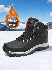 Men's Winter Snow Boots, Size 36, Slip-Resistant Thermal Lined, Plus Size 47, Mid-Top Outdoor Warm Hiking Boots Size 48, Waterproof Upper, Soft Shock-Absorbing Comfortable, Black And Gray, Suitable For Daily Wear, Outdoor Hiking, Trekking, And Snow Walking In Cold Winter Weather