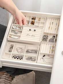 1/8 Beige Desktop Jewelry Display Storage Box Elegant Stackable Velvet Jewelry Tray Storage Box - Christmas Gift For Family And Friends Portable Multi-Purpose Storage Box For Rings, Earrings And Necklaces - Beige - View 3