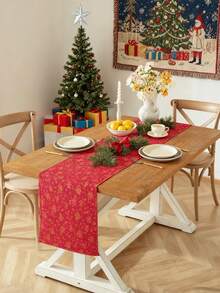 1pc Merry Christmas Red Table Runner, Foil Bell Pattern, Rectangular, Washable, For Sideboard, Shoe Cabinet, Dining Table, Party Tablecloth, Room Decor, Autumn/Winter Home Decor, Suitable For Farmhouse, Kitchen, Dining Room, Living Room, Gathering, Party, Holiday Decoration, Christmas, New Year - Red - View 4