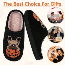 Cozy Plush Halloween Pumpkin Slippers, Non-Slip Fluffy Design - Black Pug - View 2