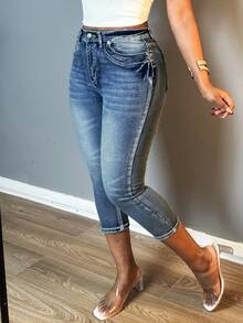 Women Fashion Vintage Washed Denim Pants Small Legs Button-Up Zipper Open Slim-Fit Stretchy Jeans - 中等水洗藍 - 查看 3