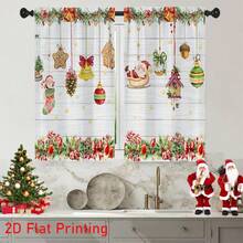 1 buc/2 buc Perdea de Crăciun cu Imprimare 2D Plată, Set de Valance de Bucătărie, 52in*18in, 26in*36in - Moș Crăciun, Ace de Pin, Glob de Arc, Ciorap de Crăciun, Design Căsuță de Turtă Dulce, Fundal cu Stea din Lemn, Fibră de Poliester Semitransparentă, Buzunare cu Bară, Perdea Mică pentru Bucătărie, Living, Dormitor - Perdea de Sărbători de Iarnă, Lavabilă la Mașină, Decorațiune de Fereastră de Crăciun