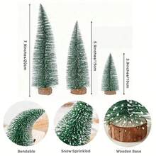 Un set de mini brazi de Crăciun verzi, pini artificiali înghețați, cu baze din lemn, potriviți pentru decorațiuni de Crăciun pentru birou, ideali pentru case, birouri, ținuturi de iarnă, sărbători, petreceri, meșteșuguri DIY, perfecți pentru petreceri de Crăciun și decorațiuni interioare.