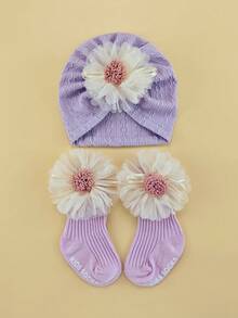 0-6个月婴儿四季花朵弹性头带帽子和袜子套装，新生儿无檐便帽礼盒，婴幼儿头饰配饰套装