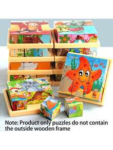 1pc 6-Sided Wooden Cube Block - Wooden Puzzle, 9 Cubic Blocks, Ocean World Animal Theme, Helps Concentration, Categorization And Logical Thinking, Ideal Gift - Multicolor - View 1