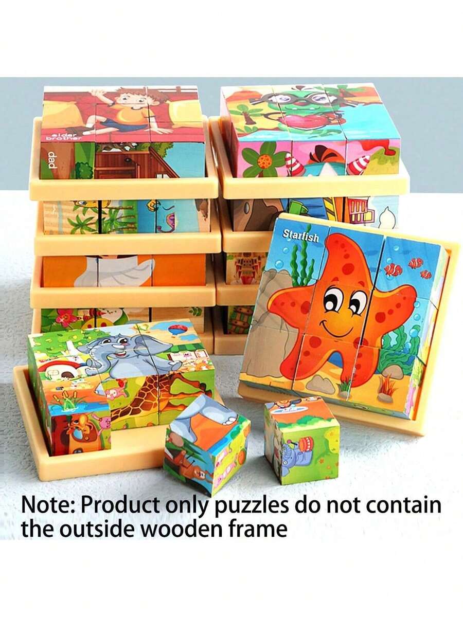 1pc 6-Sided Wooden Cube Block - Wooden Puzzle, 9 Cubic Blocks, Ocean World Animal Theme, Helps Concentration, Categorization And Logical Thinking, Ideal Gift - Multicolor - View 1