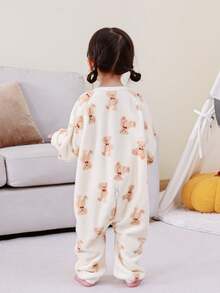 婴儿幼儿宝宝法兰绒分腿睡袋，四季皆宜，蓬松柔软，可爱小熊印花长袖连体睡袋，0-3岁 - 小熊 - 查看 5