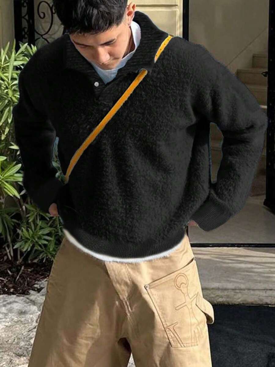 ANDREILEE 男士春秋冬季學院風街頭時尚個性翻領鈕扣長袖針織衫,配色拼接下擺套頭衫,休閒寬鬆保暖百搭落肩針織上衣 - 黑色 - 查看 1