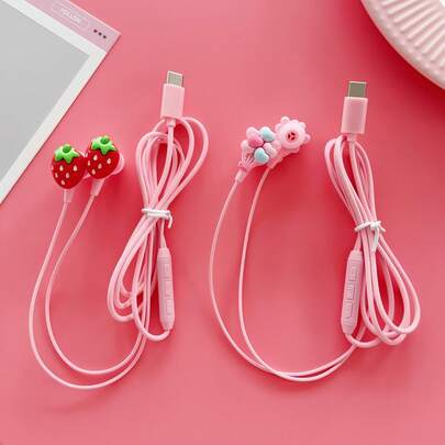 1个全新款粉色数字智能，完全兼容Type C可选全入耳式DIY可爱珠宝红草莓/爱心气球有线耳机，带音量调节功能，内置麦克风，高清通话手机耳机