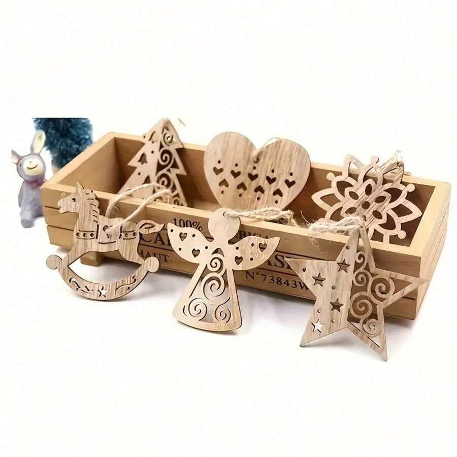 6 قطع/عبوة زينة عيد الميلاد الخشبية - نجمة الثلج، حصان أرجوحة، نجمة خماسية، شجرة الحب، زينة شجرة عيد الميلاد، مناسبة لشجرة عيد الميلاد، زينة معلقة لعيد الميلاد، ديكور عطلة الشتاء، حرف خشبية خفيفة الوزن، ديكورات عطلة متينة، ديكور عطلة مسطح، هواية الحرف الموسمية