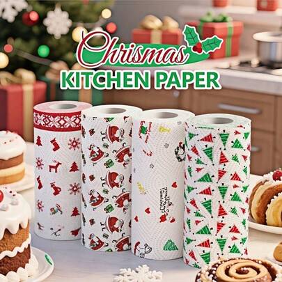 圣诞主题厨房纸巾，加厚三层卷装，一次性厨房清洁干湿两用家用加厚卷装，一次性厨房纸巾，可水洗干湿两用，清洁用品，随机款式，圣诞家居清洁工具，圣诞礼物，圣诞装饰纸巾，吸水纸