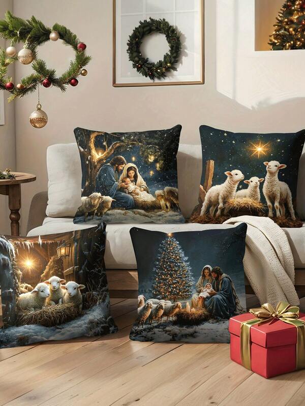 4 件/1 件圣诞靠垫套 - 耶稣降生、羔羊和圣家（耶稣、圣母玛利亚、圣约瑟夫）图案靠垫套，18x18 英寸 | 拉链开合 | 亮色涤纶材质 | 适用于客厅、房间装饰、沙发和家居装饰（不含填充物）非常适合圣诞装饰、圣诞派对、圣诞礼物