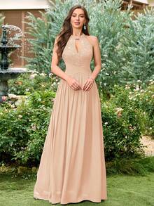 MIUSOL Đầm dạ hội hở lưng, chất liệu chiffon phối ren hoa đính sequin, màu tương phản, xếp ly, thích hợp cho khách dự đám cưới, lễ tốt nghiệp, tiệc chiêu đãi và các dịp khác trong mùa hè. - Rượu sâm banh - Xem 6