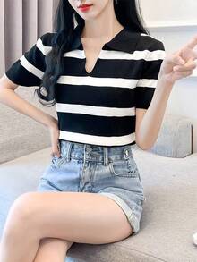 Camiseta casual de verano para mujer, moderna, de manga corta, con estampado a rayas de cereza - Blanco - Ver 7