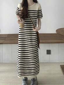 Vestido de verano de punto a rayas de playa, vestido de verano entallado de manga corta y cuello redondo, vestido de calle para exterior, vestido de rayas para mujer. - Blanco - Ver 3