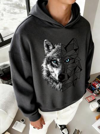 Teen Boy Casual Minimalist Wolf Head Printed Long Sleeve Conventional Thickness Hooded Loose Fit Sweatshirt, Suitable For Autumn/Winter, Hooded Sweatshirt, Suitable For Daily Wear, Party, School, Attending Music Festivals, Vacation, Commuting. Can Be Given As A Gift To Family, Boyfriend, Girlfriend, Friends, Girls Winter Clothes, Essentials Sweatshirt