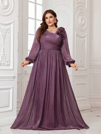 UNITHORSE UNITHORSE Plus Women's V-Neck Lantern Sleeve Solid Color Neckline 3D Flowers Decoration Maxi Evening Dress Bridesmaid Dresses Graduation Dresses Dinner Party Dresses