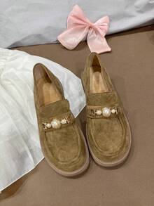 Comfortable Women's Flats, Deep Mouth Thermal Lining For Autumn/Winter, Faux Pearl Metal Decor, Soft Flat Oxfords, Elegant Casual Versatile For All Occasions