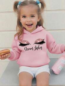 1 件年轻女孩休闲印花连帽运动衫，保暖内衬，长袖，秋冬，学生装 - 可爱的眼睛和长睫毛设计，舒适的外套 - 粉色 - 查看 6