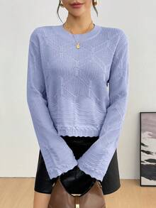 Suéter para mujer de moda tejido ligero unicolor diseño texturizado con manga acampanada básico para uso casual o diario - Azul - Ver 1
