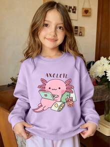 少女卡通墨西哥钝口螈印花圆领卫衣，休闲舒适，秋冬时尚可爱 - 淡紫色 - 查看 6