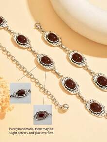 1件复古时尚个性金属花卉做旧微镶红色仿宝石几何圆盘腰链。精致的设计感，不对称纹理银色腰带、裙链、裤链。适合女性日常穿着和派对（手工链条可能有轻微瑕疵） - 銀色 - 查看 6