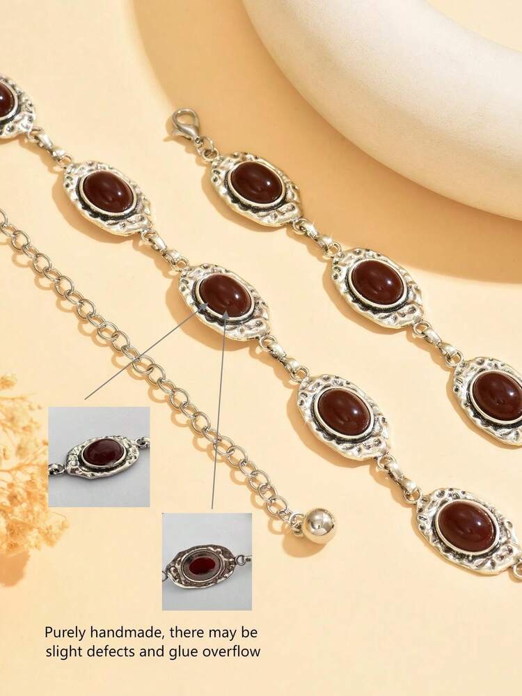 1pc Vintage Fashionable Personalized Metal Floral Distressed Micro-Inlaid Red Faux Gemstone Geometric Round Disc Circular Waist Chain. Intricate Design Sense, Asymmetric Textured Silver-Tone Waist Belt, Skirt Chain, Pants Chain. Suitable For Women's Daily Wear And Parties (Handmade Chain May Have Minor Flaws) - Silver - View 6