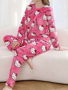 Sanrio طقم ملابس كاجوال لفتيات المراهقات مكون من ملابس علوية رقبة طاقم وبنطلون ناعم، طباعة رسوم كرتونية هالو كيتي، مناسب للشتاء