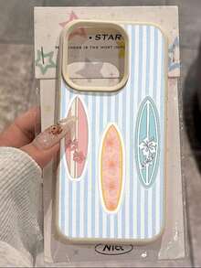 1pc 1pc Summer Limited Edition 3 Surfboards Blue Striped Litchi Texture Soft TPU Waterproof Anti-Fall Anti-Slip Phone Case Compatible With Apple// Phones Summer  17 Pro Max Case  17 Case  17 Pro Case  17 Plus Case Clear Phone Case  15 Case  16 Case  16 Plus Case - 1pc - 查看 2