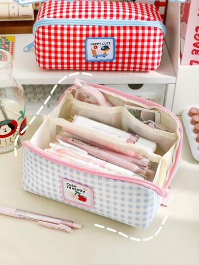 1pc Ratro Lattic Pencil Case Pen Bag, Happy Cute Dancing Kitties Color Plaid Multi Pocket Square Storage Pouch For Stationery, Students Back To School