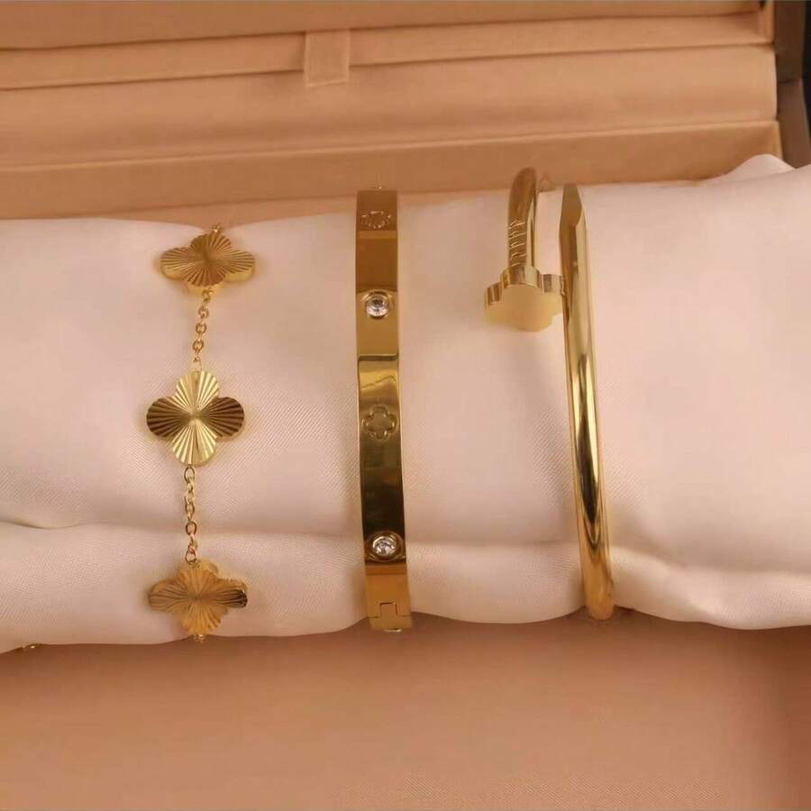 3 قطع/مجموعة سوار البرسيم، سوار نسائي من الفولاذ المقاوم للصدأ والتيتانيوم، إكسسوار موضة بسيط - متعدد الألوان - مشاهدة 1