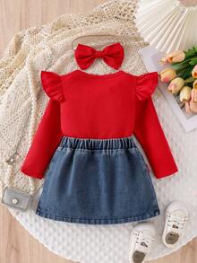 Bộ đồ thường ngày 3 món cho bé gái: Áo thun tay loe họa tiết sọc màu trơn, Chân váy denim cạp chun họa tiết bướm và Băng đô hình bướm - Đỏ - Xem 4