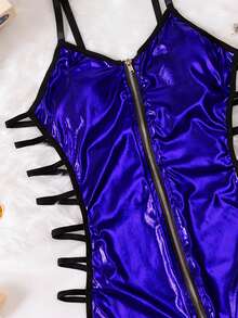 2 件套全新女士睡衣套装，拉链性感内衣镂空吊带睡袍和内裤 - 寶藍色 - 查看 11