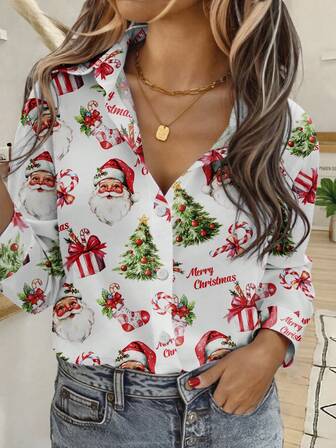 大码女式圣诞老人和圣诞树印花长袖纽扣衬衫