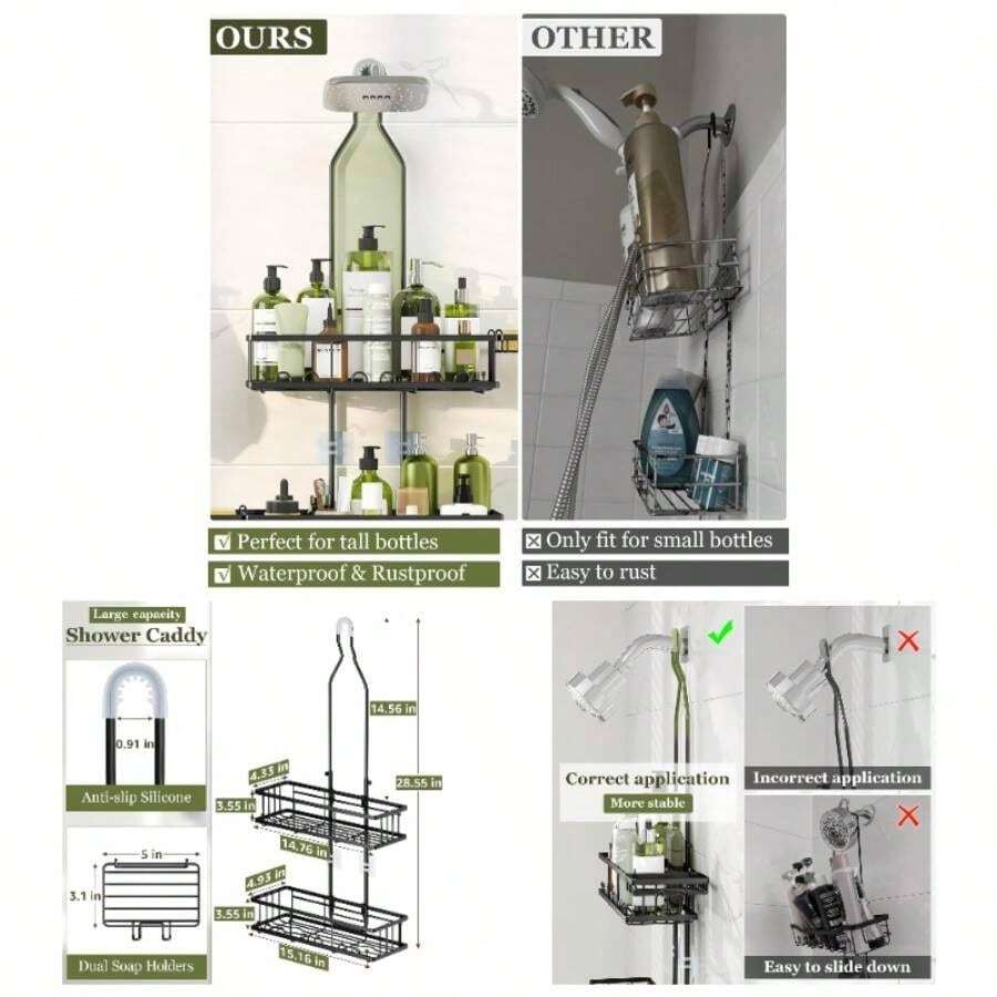 Shower Caddy Hanging: Adjustable Height Organizer Over Showerhead - Black Rustproof Shower Shelves With Hooks 2 Soap Holders - Black - View 1