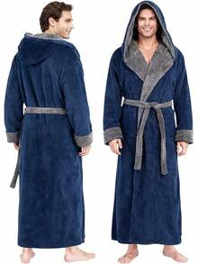 Mens Robe With Hood, Big And Tall Plush Fleece Long Robe For Men Full-Length Bathrobe Cozy And Warm With Pockets