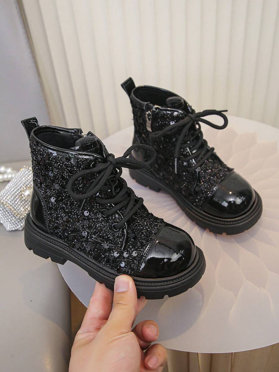 1 par de botas de cuero brillante y elegantes para niños y niñas, botas cálidas para exteriores, botas casuales para niños pequeños, botas para todas las estaciones