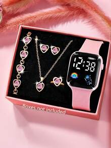 6/1pc Cute Girl Fashionable And LED Rainbow Digital Display Electronic Watch, Suitable For Girls To Wear, Equipped With Jewelry Bracelets, Necklaces, Rings, Earring Sets, Suitable For Students, Very Suitable For Daily Life Such As School, Parties, And Travel. Graduation Season, Valentine's Day, Christmas, Are The Perfect Gifts For Girls(Box Not Included) - Multicolor - View 16