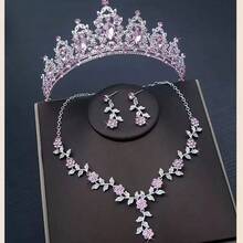 1pc Women's Pink Valentine's Day/Birthday Crown Necklace & Earrings Set, Suitable As Valentine's Gift And For Party Occasions