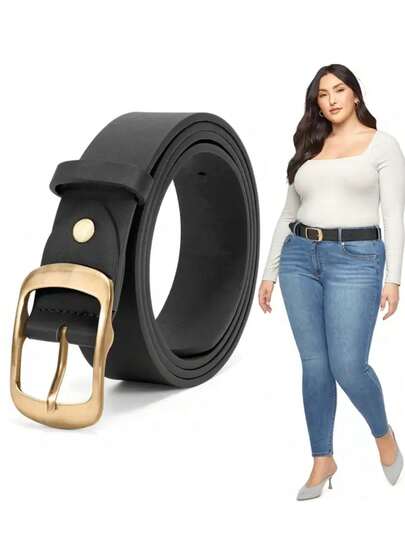 1 条大码女士纯色简约金扣 PU 皮带，适合搭配各种类型的裤子