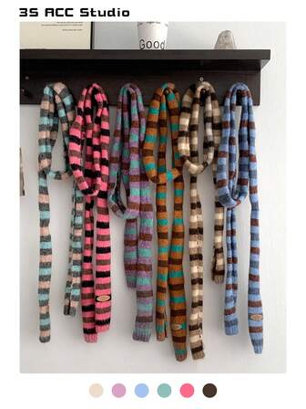 1pc Color Block Knit Narrow Scarf, Fashion Design Decorative Neck Warmer, Suitable For Autumn/Winter, Couples, Y2K Striped Color Block Long Scarf For Women, Warm And Versatile Accessory