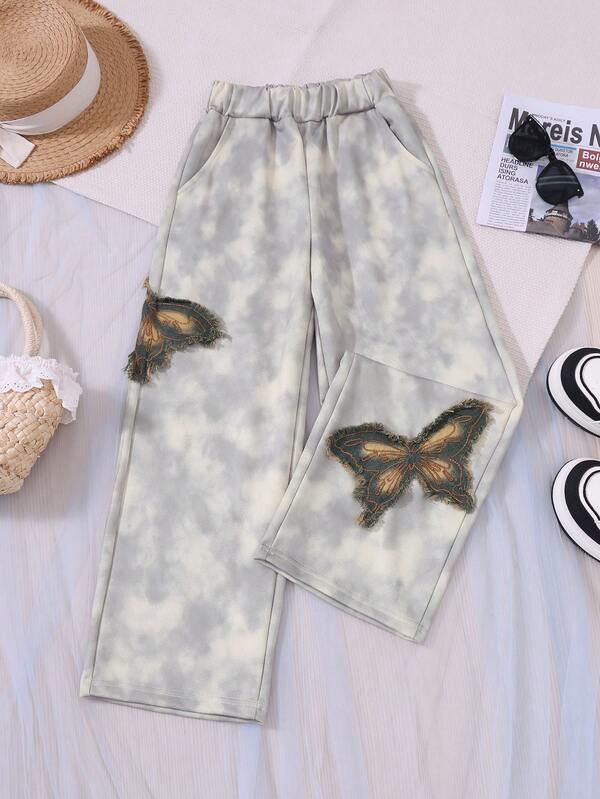 Pantalon casual à jambes larges avec application de papillon imprimé tie-dye pour préadolescentes, toutes saisons