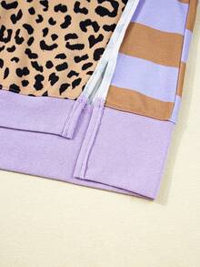 Acelitt 秋季女款紫色条纹拼接豹纹撞色宽松蝙蝠袖圆领休闲卫衣。如果您喜欢拼接款式，可以选择小一码。 - 彩色 - 查看 8