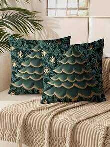 1/2/4 Vỏ gối trang trí cây thông Noel màu xanh lá cây - Vỏ gối mềm mại với họa tiết bông tuyết vàng và cây thông, một mặt, 17,7x17,7 inch, Khóa kéo, Có thể giặt bằng máy, Hoàn hảo để trang trí nhà ngày lễ, Gối Giáng sinh - màu xanh lá - Xem 5